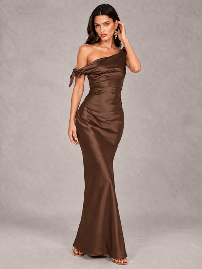 Off-The-Shoulder Ruched Sleeveless Mermaid Satin Wedding Guest Dress