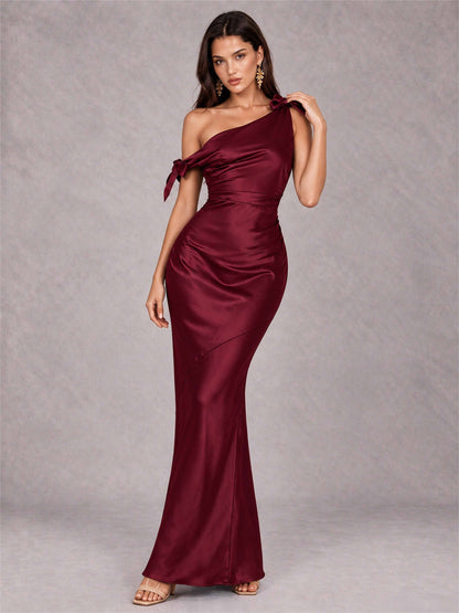 Off-The-Shoulder Ruched Sleeveless Mermaid Satin Wedding Guest Dress