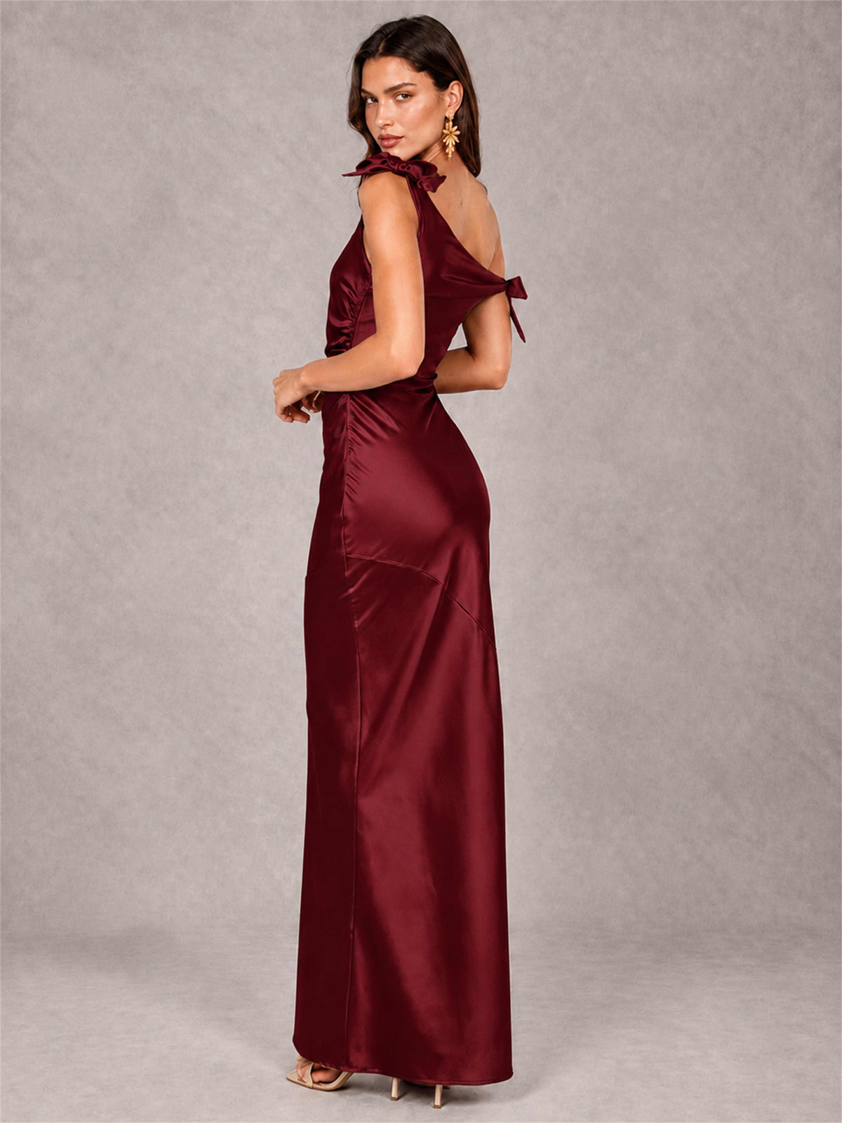 Off-The-Shoulder Ruched Sleeveless Mermaid Satin Wedding Guest Dress