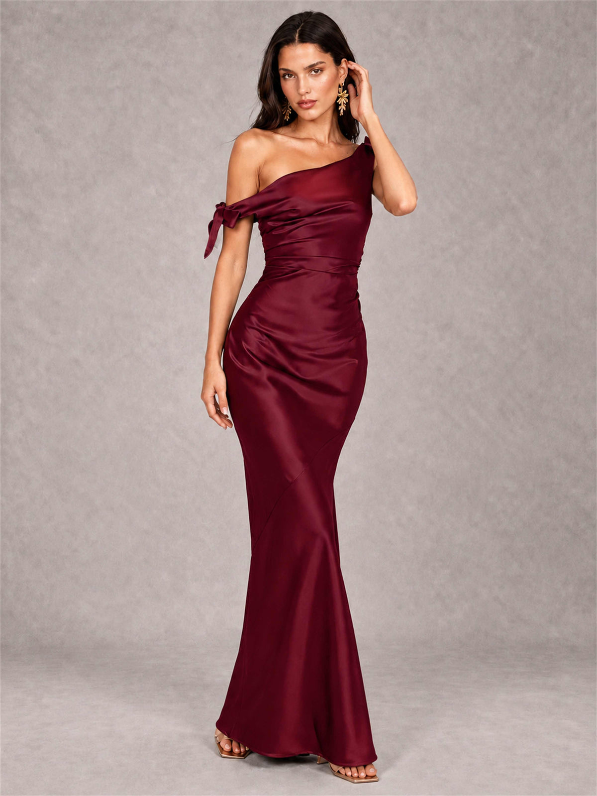Off-The-Shoulder Ruched Sleeveless Mermaid Satin Wedding Guest Dress