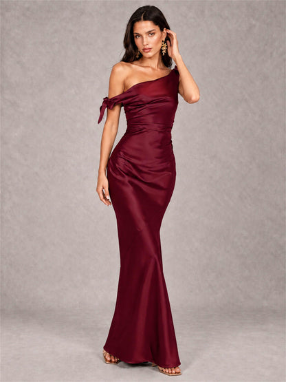 Off-The-Shoulder Ruched Sleeveless Mermaid Satin Wedding Guest Dress