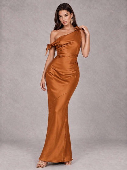 Off-The-Shoulder Ruched Sleeveless Mermaid Satin Wedding Guest Dress