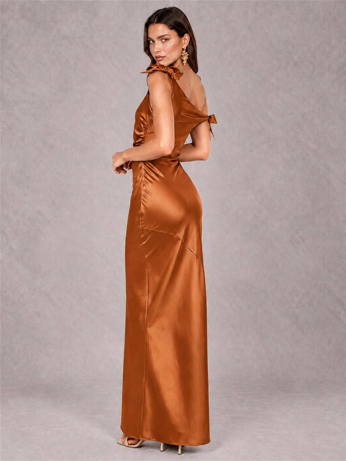 Off-The-Shoulder Ruched Sleeveless Mermaid Satin Wedding Guest Dress