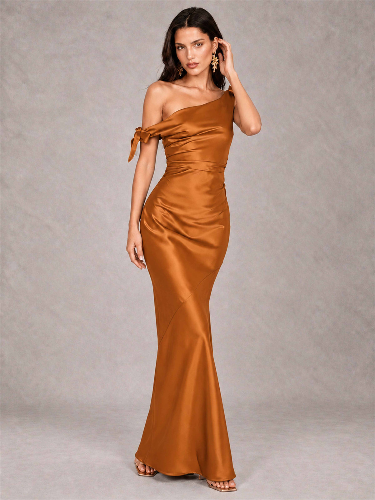 Off-The-Shoulder Ruched Sleeveless Mermaid Satin Wedding Guest Dress