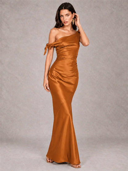 Off-The-Shoulder Ruched Sleeveless Mermaid Satin Wedding Guest Dress