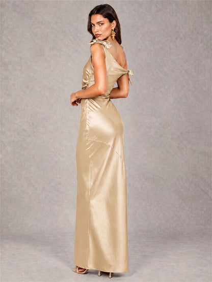 Off-The-Shoulder Ruched Sleeveless Mermaid Satin Wedding Guest Dress