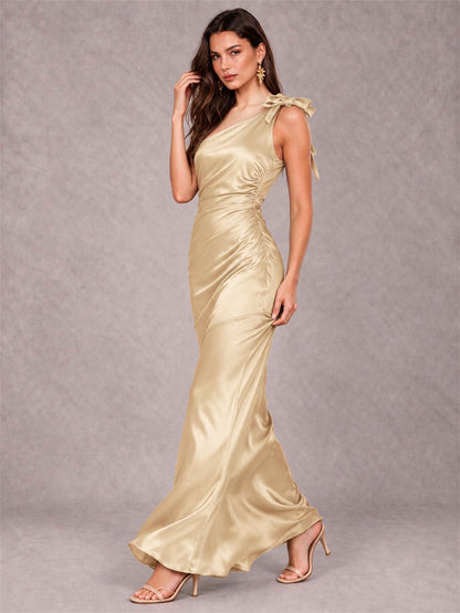 Off-The-Shoulder Ruched Sleeveless Mermaid Satin Wedding Guest Dress