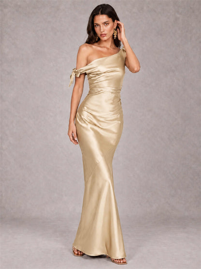 Off-The-Shoulder Ruched Sleeveless Mermaid Satin Wedding Guest Dress