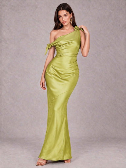 Off-The-Shoulder Ruched Sleeveless Mermaid Satin Wedding Guest Dress