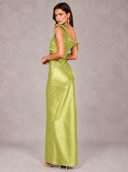 Off-The-Shoulder Ruched Sleeveless Mermaid Satin Wedding Guest Dress