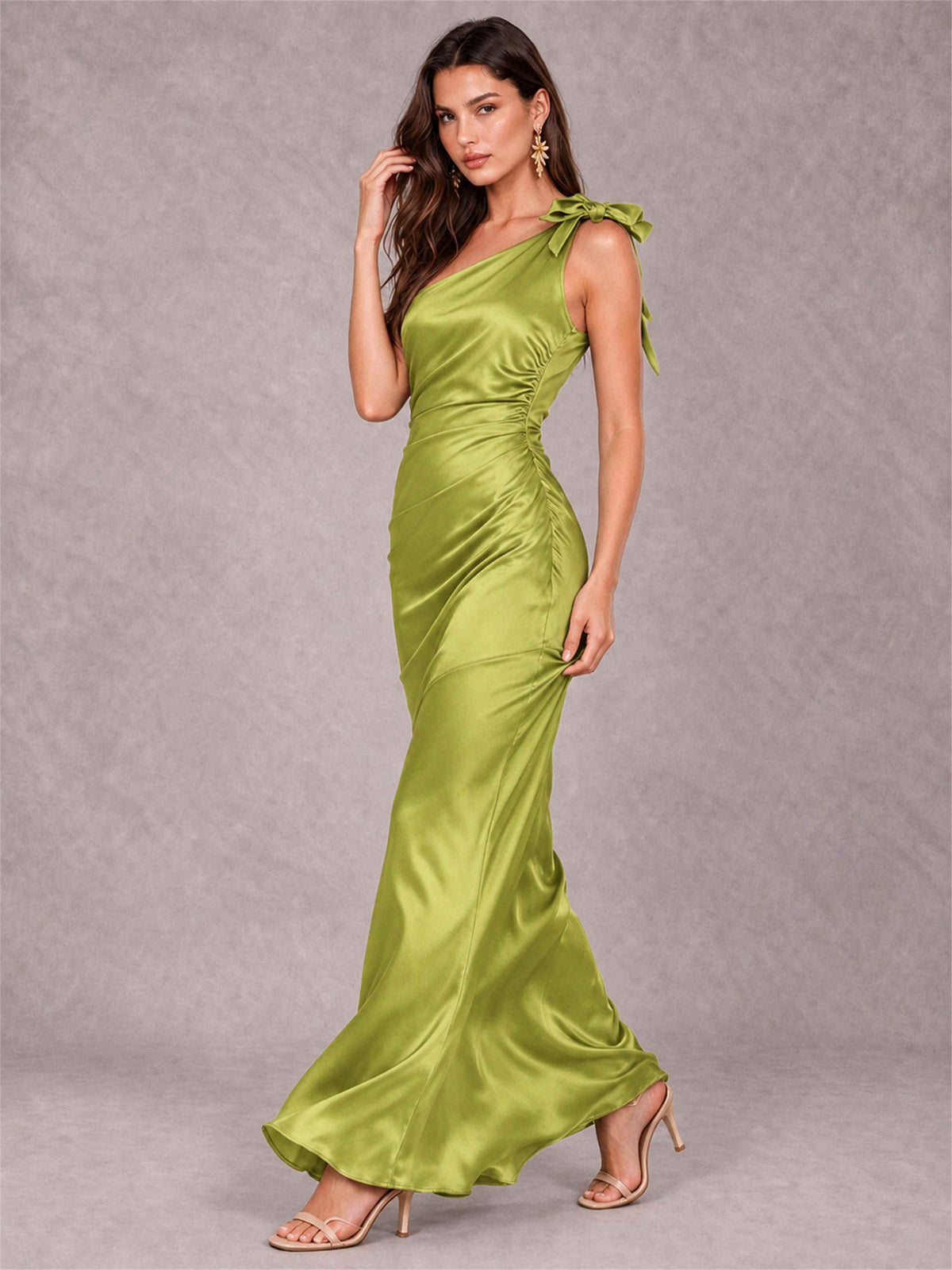Off-The-Shoulder Ruched Sleeveless Mermaid Satin Wedding Guest Dress