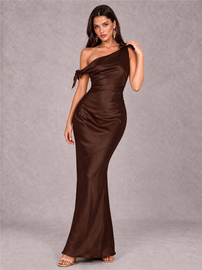 Off-The-Shoulder Ruched Sleeveless Mermaid Satin Wedding Guest Dress
