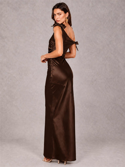 Off-The-Shoulder Ruched Sleeveless Mermaid Satin Wedding Guest Dress