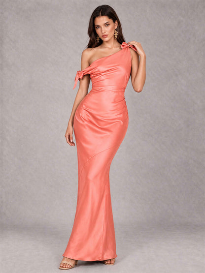 Off-The-Shoulder Ruched Sleeveless Mermaid Satin Wedding Guest Dress