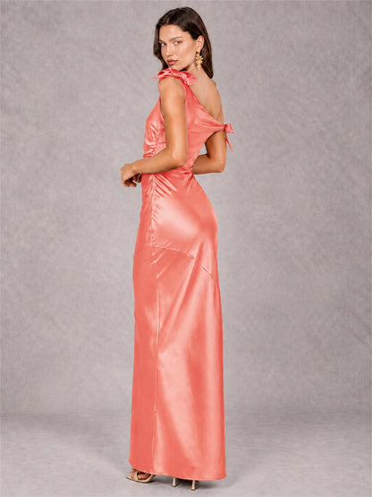Off-The-Shoulder Ruched Sleeveless Mermaid Satin Wedding Guest Dress