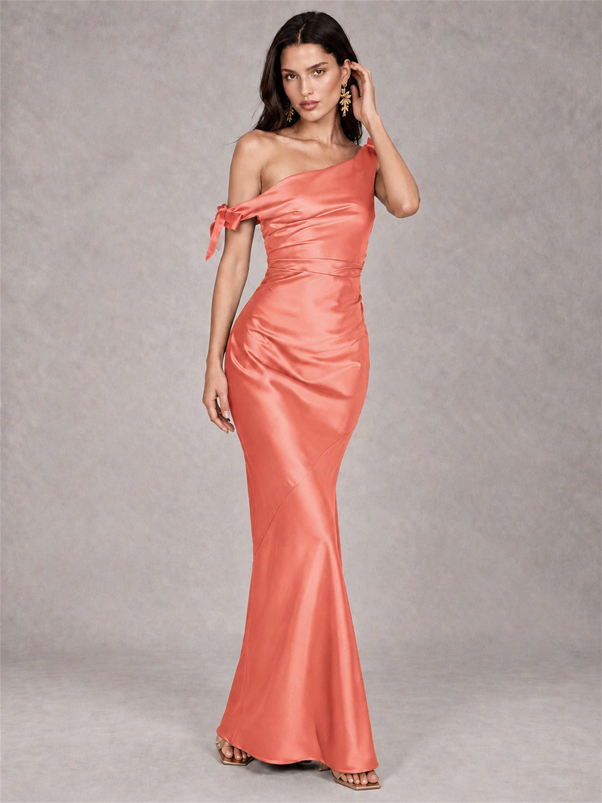 Off-The-Shoulder Ruched Sleeveless Mermaid Satin Wedding Guest Dress