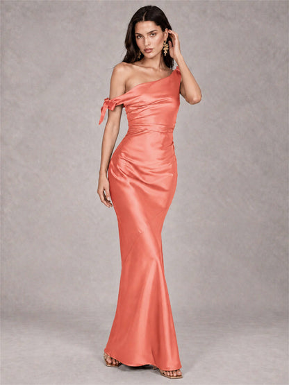 Off-The-Shoulder Ruched Sleeveless Mermaid Satin Wedding Guest Dress