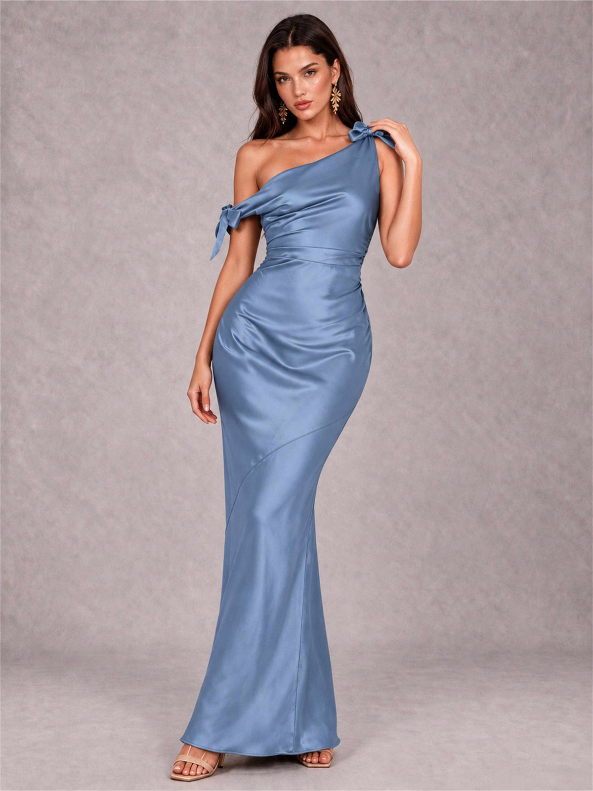 Off-The-Shoulder Ruched Sleeveless Mermaid Satin Wedding Guest Dress