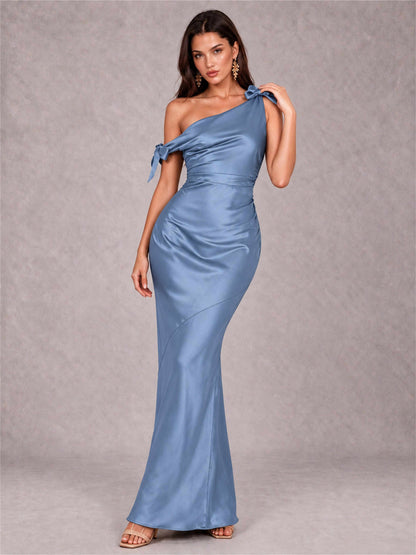 Off-The-Shoulder Ruched Sleeveless Mermaid Satin Wedding Guest Dress