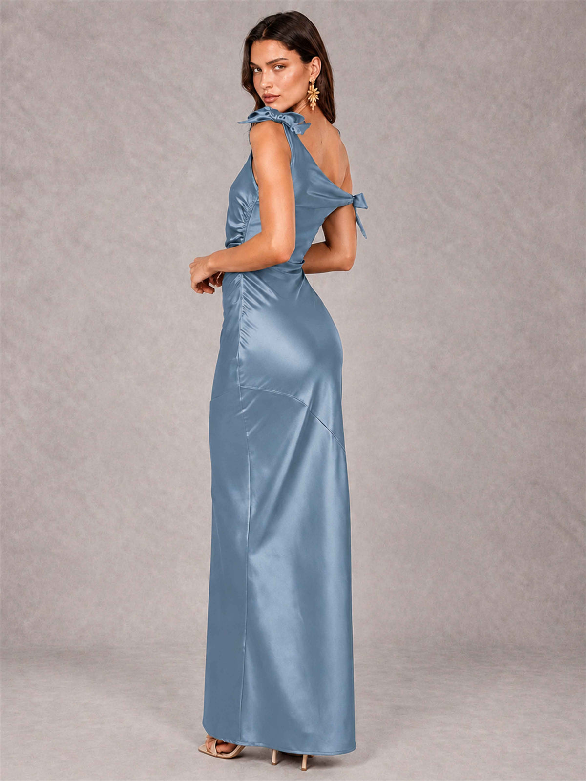 Off-The-Shoulder Ruched Sleeveless Mermaid Satin Wedding Guest Dress