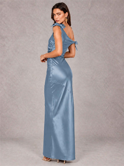 Off-The-Shoulder Ruched Sleeveless Mermaid Satin Wedding Guest Dress
