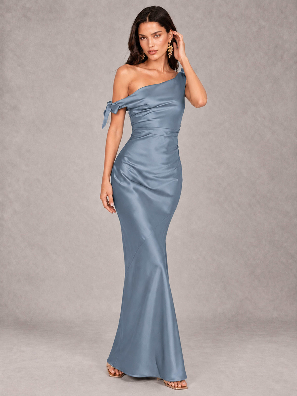Off-The-Shoulder Ruched Sleeveless Mermaid Satin Wedding Guest Dress