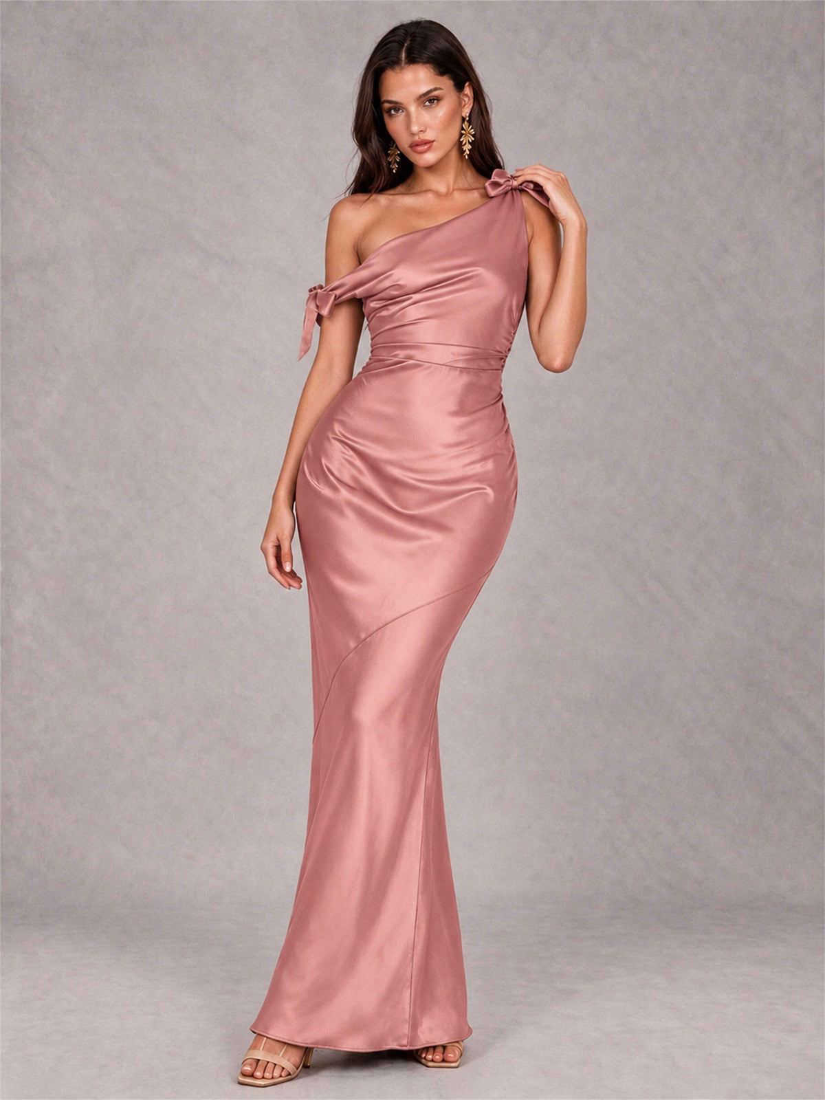Off-The-Shoulder Ruched Sleeveless Mermaid Satin Wedding Guest Dress