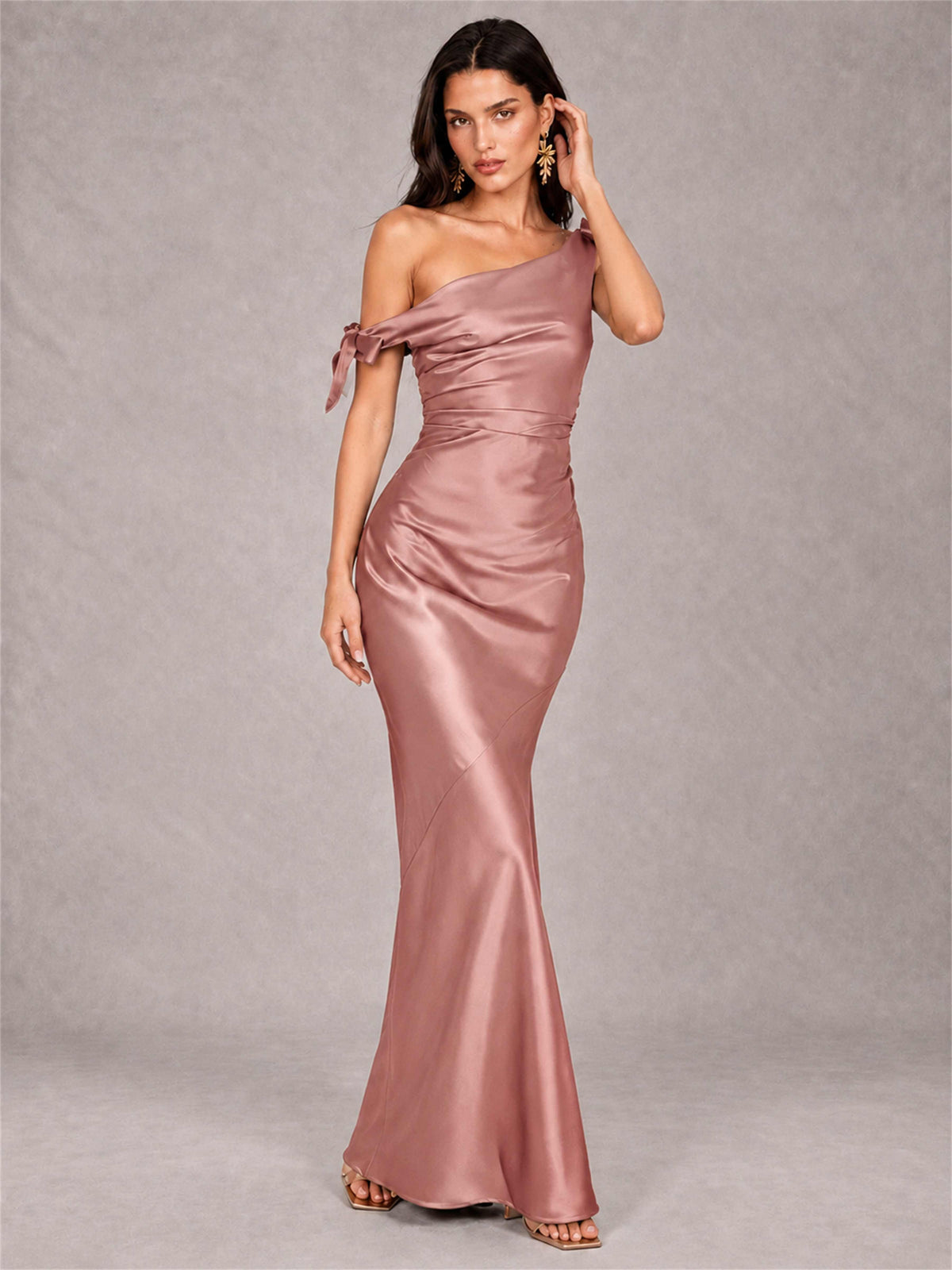 Off-The-Shoulder Ruched Sleeveless Mermaid Satin Wedding Guest Dress