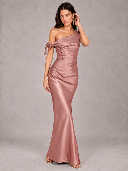 Off-The-Shoulder Ruched Sleeveless Mermaid Satin Wedding Guest Dress