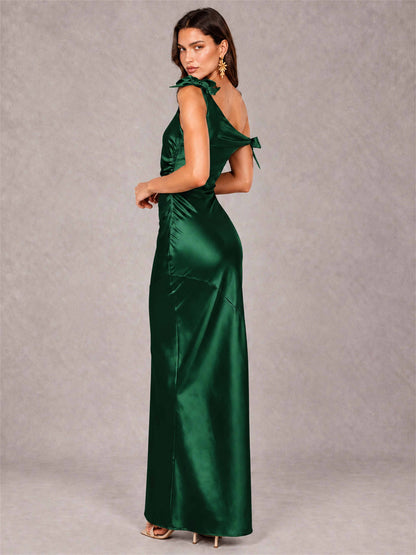 Off-The-Shoulder Ruched Sleeveless Mermaid Satin Wedding Guest Dress