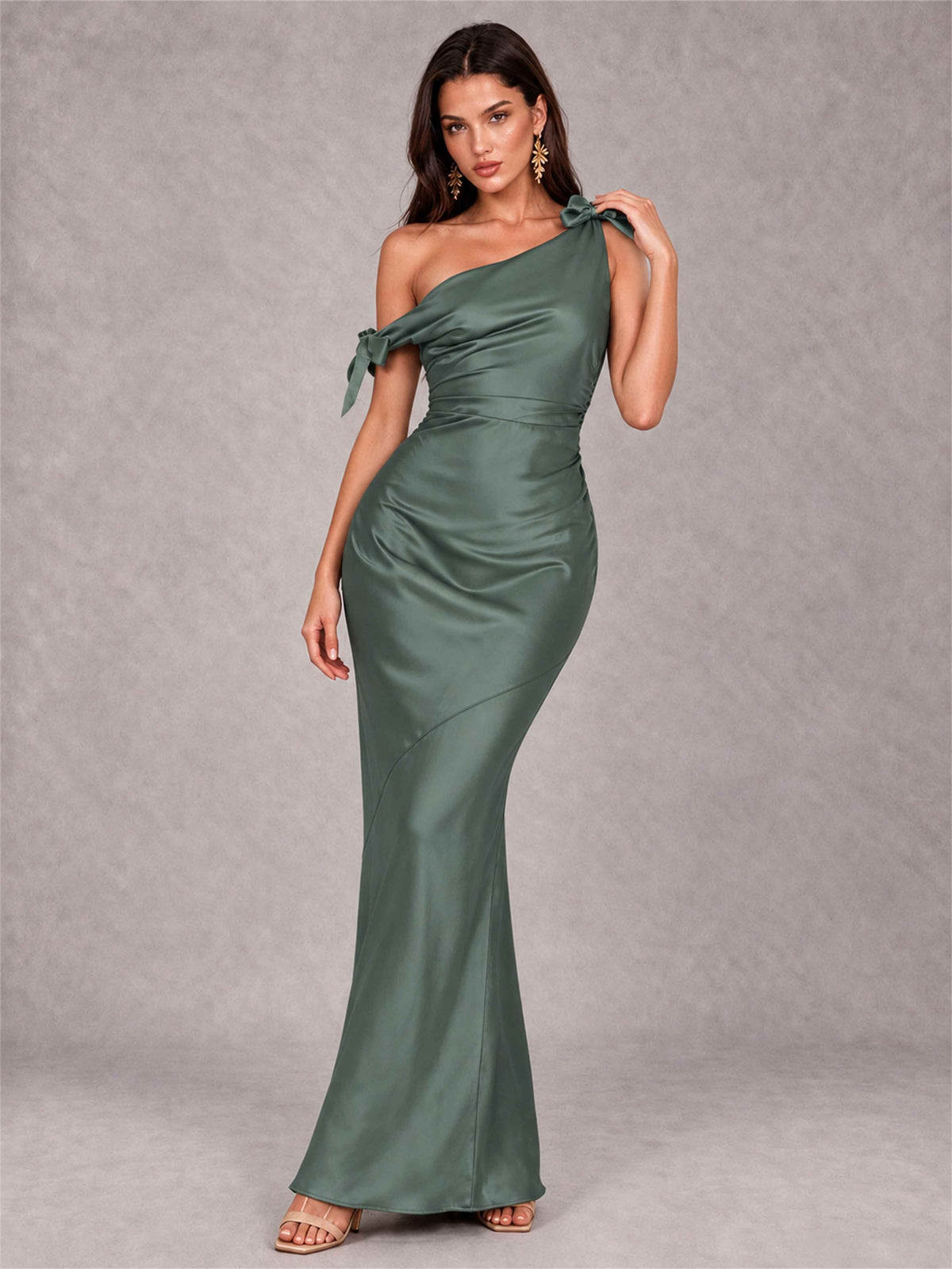 Off-The-Shoulder Ruched Sleeveless Mermaid Satin Wedding Guest Dress