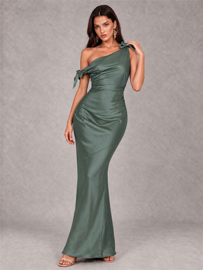 Off-The-Shoulder Ruched Sleeveless Mermaid Satin Wedding Guest Dress