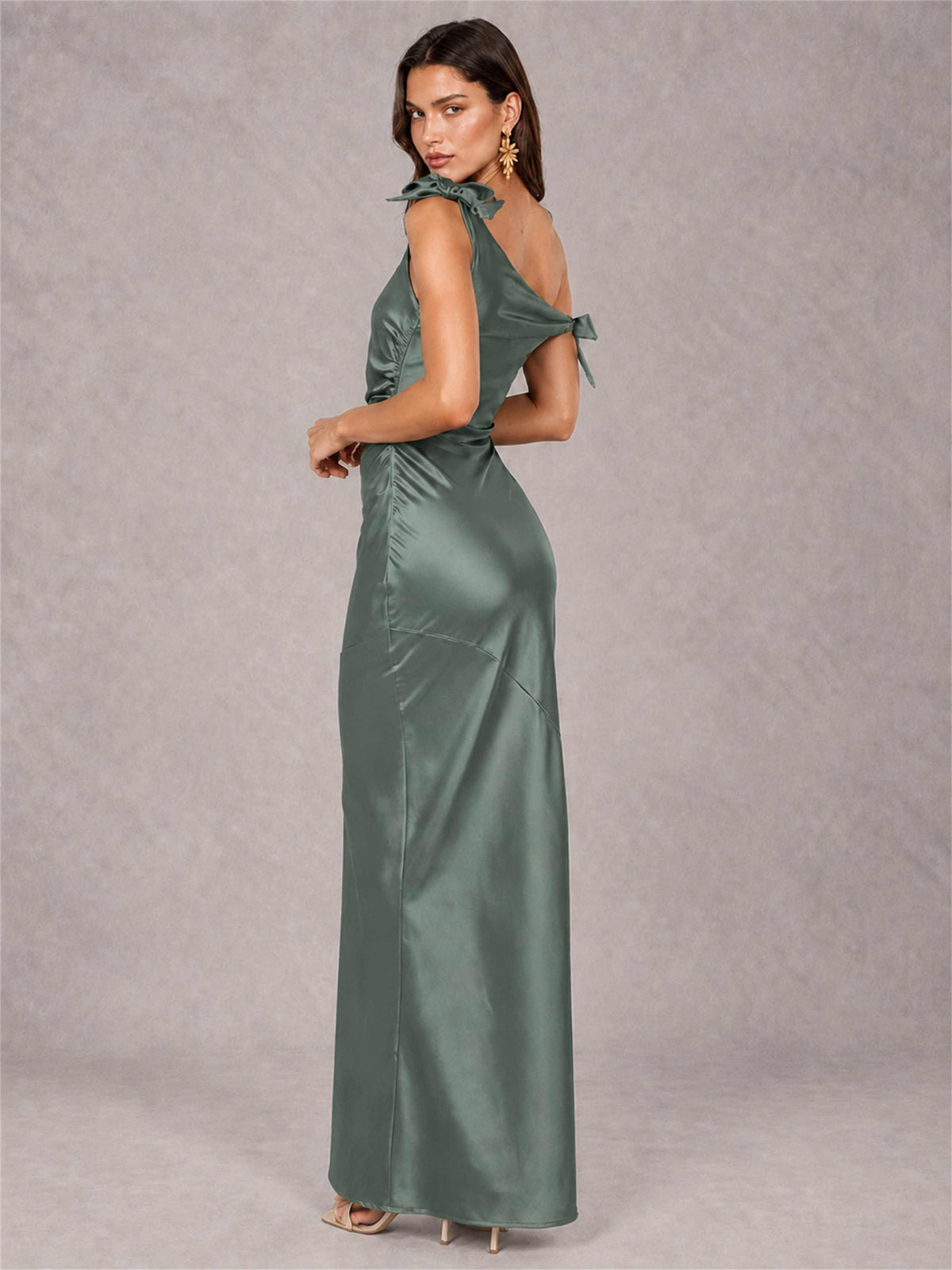Off-The-Shoulder Ruched Sleeveless Mermaid Satin Wedding Guest Dress