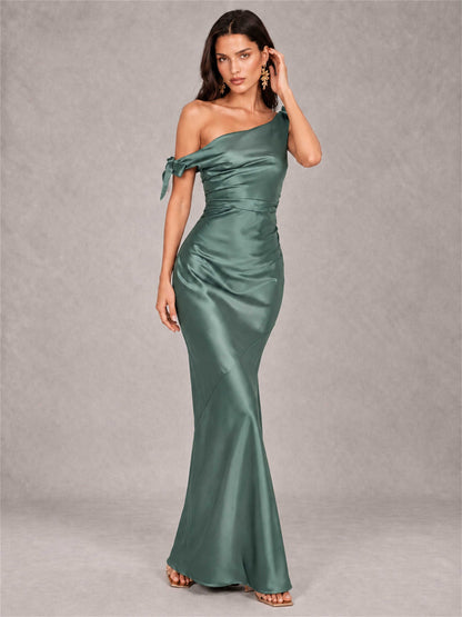 Off-The-Shoulder Ruched Sleeveless Mermaid Satin Wedding Guest Dress