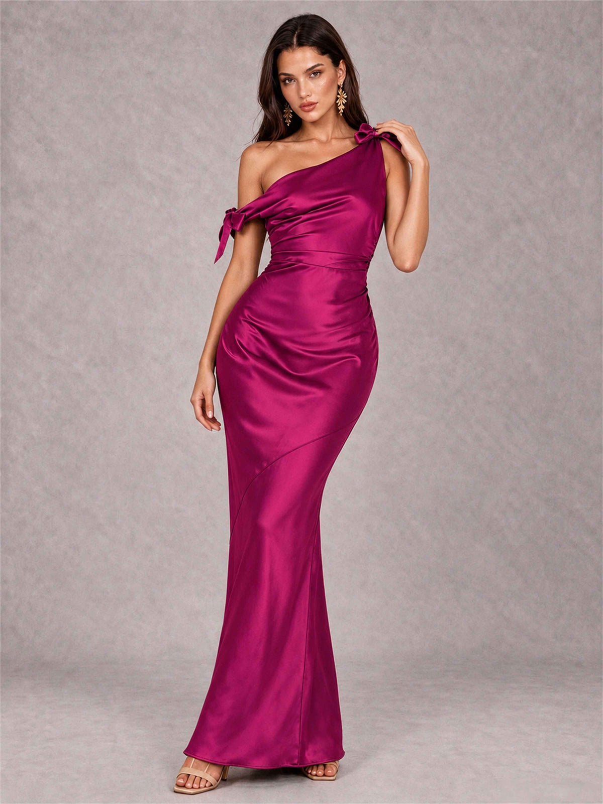 Off-The-Shoulder Ruched Sleeveless Mermaid Satin Wedding Guest Dress