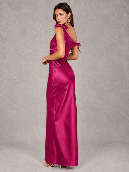 Off-The-Shoulder Ruched Sleeveless Mermaid Satin Wedding Guest Dress