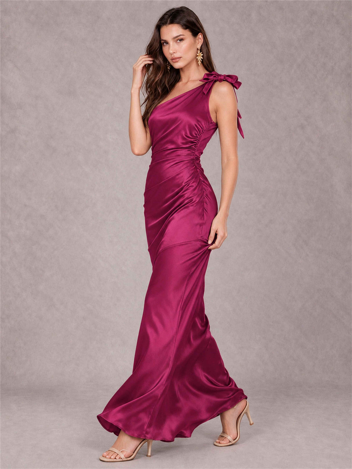 Off-The-Shoulder Ruched Sleeveless Mermaid Satin Wedding Guest Dress