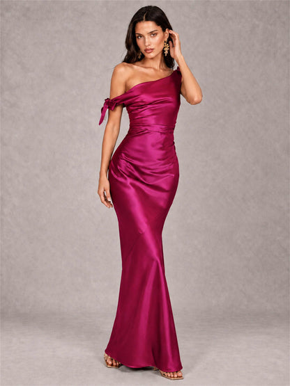 Off-The-Shoulder Ruched Sleeveless Mermaid Satin Wedding Guest Dress
