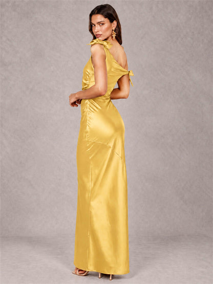 Off-The-Shoulder Ruched Sleeveless Mermaid Satin Wedding Guest Dress