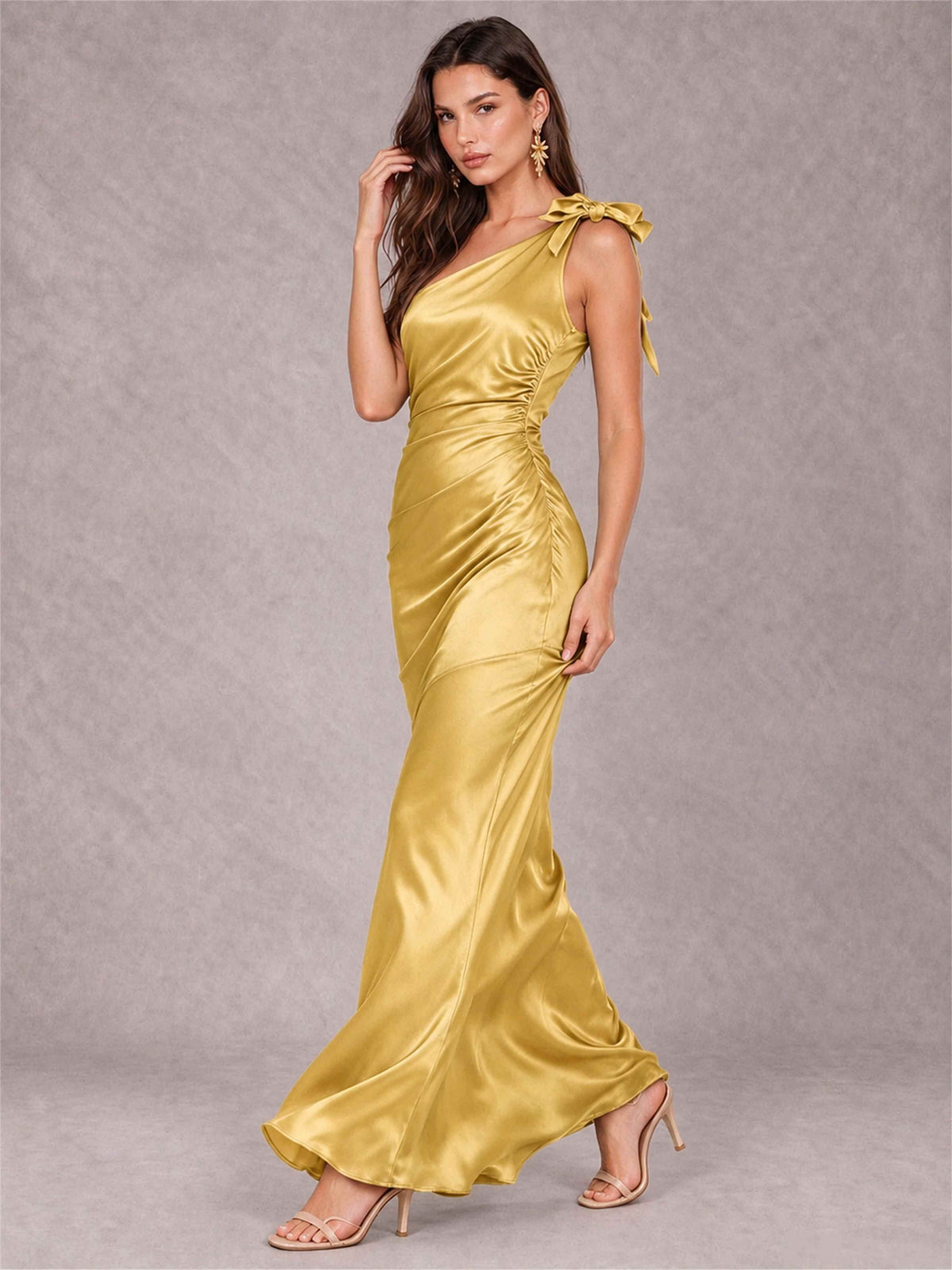 Off-The-Shoulder Ruched Sleeveless Mermaid Satin Wedding Guest Dress