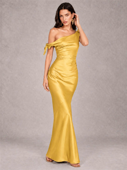 Off-The-Shoulder Ruched Sleeveless Mermaid Satin Wedding Guest Dress