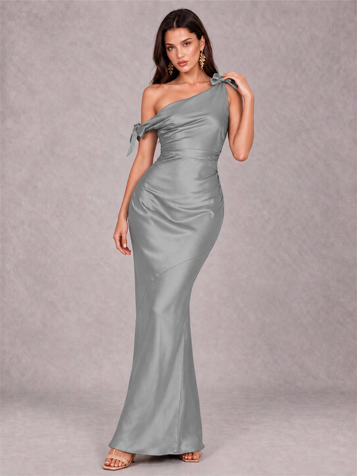 Off-The-Shoulder Ruched Sleeveless Mermaid Satin Wedding Guest Dress