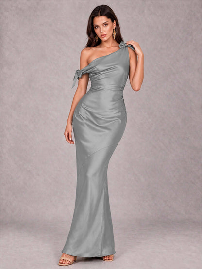 Off-The-Shoulder Ruched Sleeveless Mermaid Satin Wedding Guest Dress
