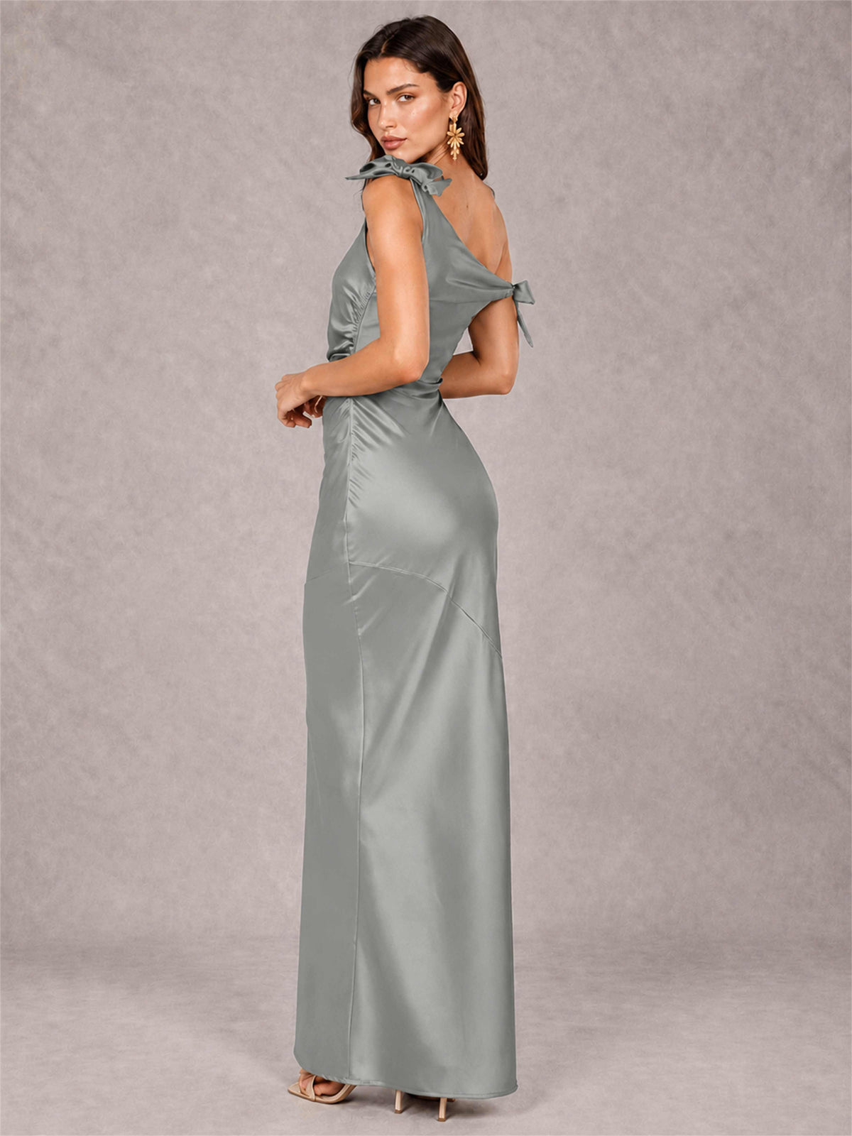 Off-The-Shoulder Ruched Sleeveless Mermaid Satin Wedding Guest Dress