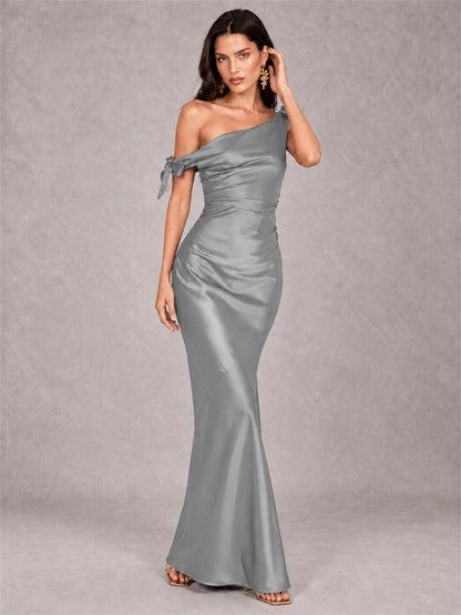 Off-The-Shoulder Ruched Sleeveless Mermaid Satin Wedding Guest Dress
