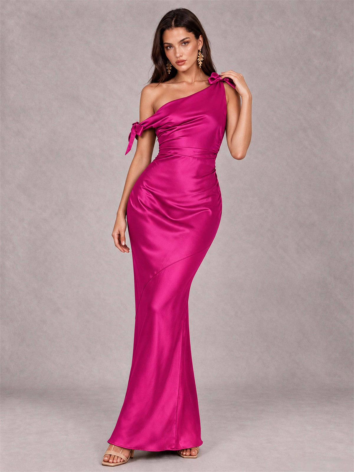 Off-The-Shoulder Ruched Sleeveless Mermaid Satin Wedding Guest Dress
