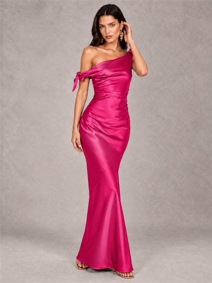 Off-The-Shoulder Ruched Sleeveless Mermaid Satin Wedding Guest Dress