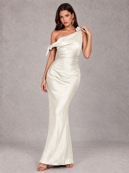 Off-The-Shoulder Ruched Sleeveless Mermaid Satin Wedding Guest Dress
