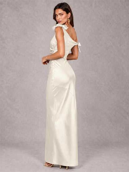 Off-The-Shoulder Ruched Sleeveless Mermaid Satin Wedding Guest Dress