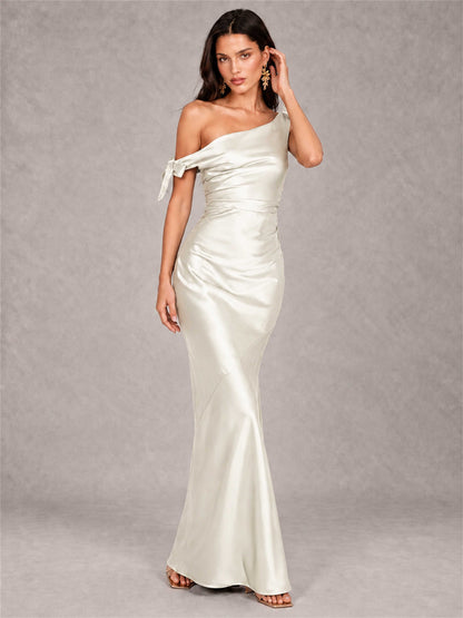 Off-The-Shoulder Ruched Sleeveless Mermaid Satin Wedding Guest Dress